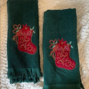 Festive Green Towels with Red Stocking Embroidery